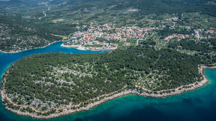 Islands at the Adriatic sea. Drone aerial nature view. Boats 