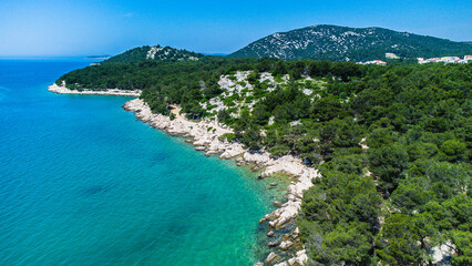 Obraz premium Islands at the Adriatic sea. Drone aerial nature view. Boats 