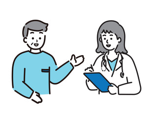 女医、医師に病院で病気の相談をするシニアの男性