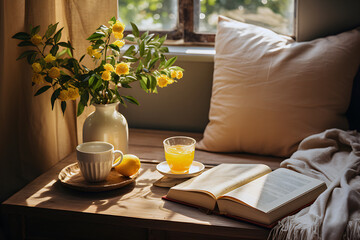 Fototapeta na wymiar Sunlit corner of a cozy room surrounded by a cup of juice, book, flower vase, pillow and scarf on the wooden table near the window.