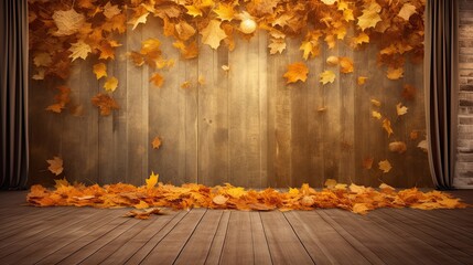 Naklejka na ściany i meble Vintage canvas backdrop, floating leaves, Autumnal Forest Serenity