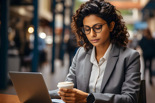 Candid Shot Of A Indian Business Woman With Short Curly Hair Wearing Gray Suit And Glasses, Sitting In A  Cafe, Holding Coffee Cup And Checking Emails On Her Laptop.