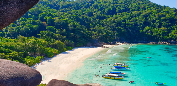 Scenic sea vista with sparkling azure waters from the top of Sailing rock cliff in Similan Islands, Andaman Sea off Phuket, Thailand