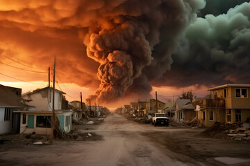 village road with giant fire burning on the horizon - environmental disaster landscape