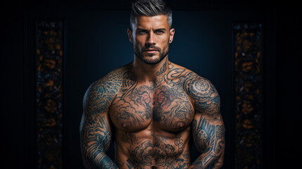 Handsome man with tattooed torso and muscular body posing in studio - obrazy, fototapety, plakaty