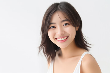 An adorable Asian girl, donning a bright smile, is elegantly photographed in her underwear against a pristine white backdrop. generative AI.