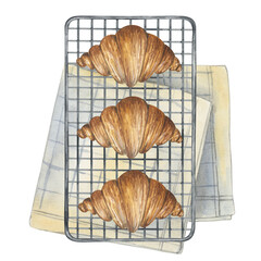 French croissants on the oven grate and napkin. Fresh homemade pastries. Watercolor illustration on a white background. Illustration for menu, cafe, restaurants, recipe book home