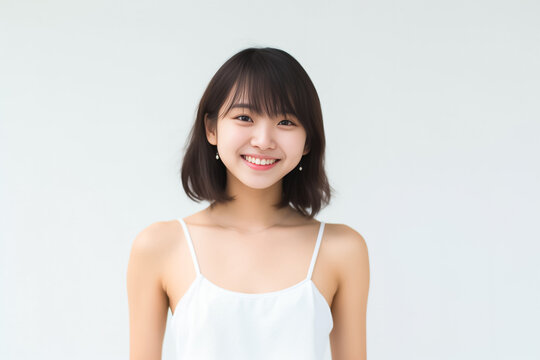 An adorable Asian girl, donning a bright smile, is elegantly photographed in her underwear against a pristine white backdrop. generative AI.