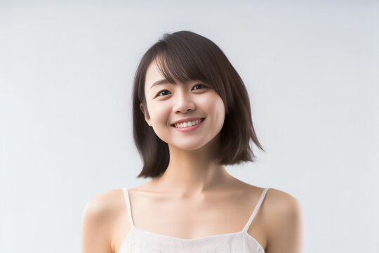An adorable Asian girl, donning a bright smile, is elegantly photographed in her underwear against a pristine white backdrop. generative AI.