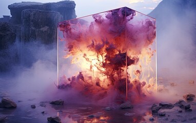 The pink powder art explode in the transparent glass at the sunset skyline.