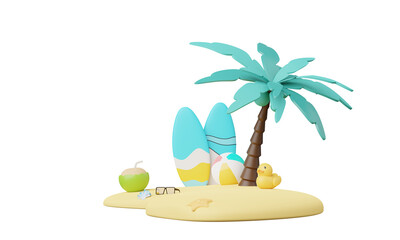 Fototapeta premium 3D render Summer vacation, beach and sea icon elements objects group, holidays background concept, Realistic Display for Product mock-up with summer theme. minimal cute design.