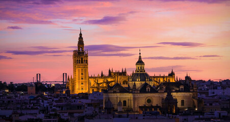 Seville Cathedral (Catedral de Santa Maria de la Sede de Sevilla) view from the observation platformcity skyline with sunset view  Seville Cathedral ,Spain