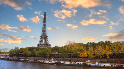Panoramic view in Paris Eiffel Tower and river Seine in Paris, France. Eiffel Tower is one of the most iconic landmarks of Paris.