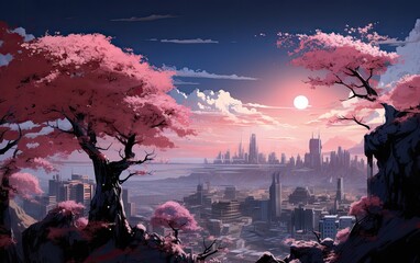 Cherry blossom city landscape with moon and clouds.