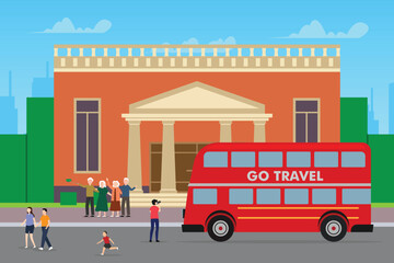 People in bus trip. Men and women stand next to vehicle and take pictures of sights 2d vector illustration concept for banner, website, illustration, landing page, flyer, etc