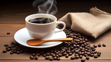 Hot black coffee cup, wooden spoon and coffee seeds.