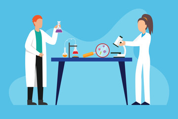 People work in vaccine development science laboratory 2d vector illustration concept for banner, website, illustration, landing page, flyer, etc