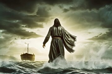 Jesus Christ walking on water across the sea towards a boat. - obrazy, fototapety, plakaty