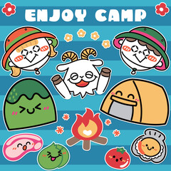 Fototapeta premium かわいい楽しいキャンプのイラスト素材セット 白フチ有り