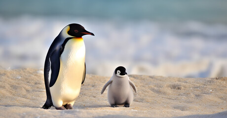 Plakat Dad or mom and baby penguin. Father love, bond and parenting concept.