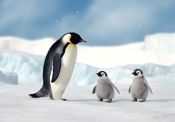 Obraz premium Dad or mom and baby penguins. Father love, bond and parenting concept.