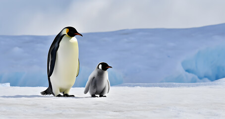 Naklejka na ściany i meble Dad or mom and baby penguin. Father love, bond and parenting concept.