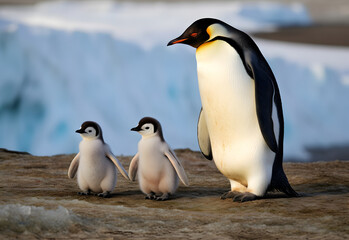 Dad or mom and baby penguins. Father love, bond and parenting concept.