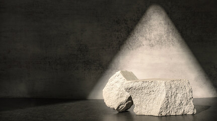 Rough stone with sunlight from window on concrete wall and floor background,Copy space for product display