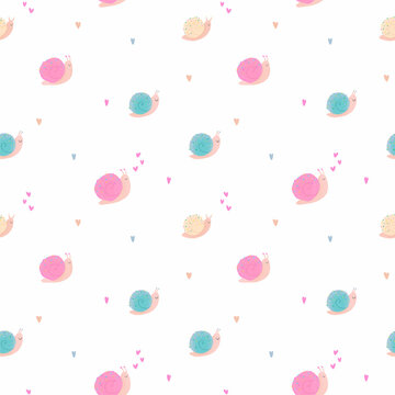 Beautiful seamless kids pattern with cute hand drawn colorful snails. Stock illustration.