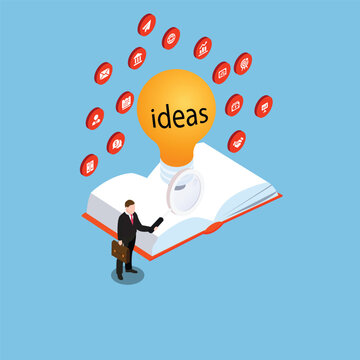 Businessman brainstorms ideas on a notebook with light bulb isometric 3d vector illustration concept for banner, website, illustration, landing page, flyer, etc