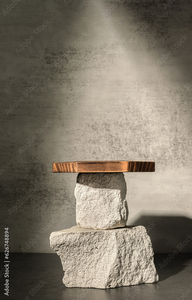 Poster rough stone and wooden box with sunlight from window on concrete wall and floor background,copy spac