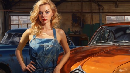 Obraz na płótnie Canvas blonde car mechanic, pinup
