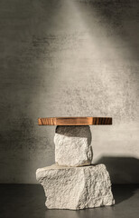 Rough stone and wooden box with sunlight from window on concrete wall and floor background,Copy...