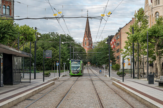 tram line in Lund with Allhelgonakyrkan in the background
