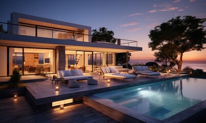 Fototapeta na wymiar Beautiful and luxurious exterior contemporary house with swimming pool . Generative AI