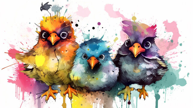 group of  watercolor chickens isolated on white background. Happy Easter day,  Created using generative AI tools.