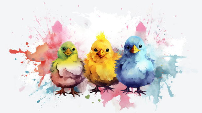 group of  watercolor chickens isolated on white background. Happy Easter day,  Created using generative AI tools.