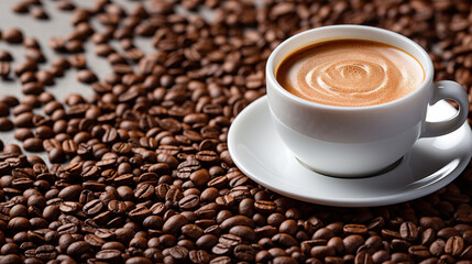 Fototapeta premium White coffee cup and coffee bean in background