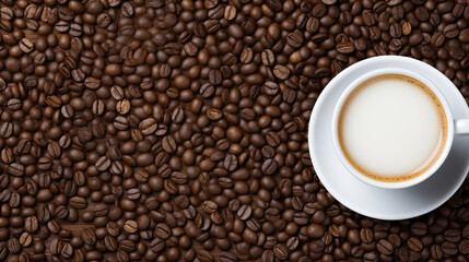 Fototapeta premium White coffee cup and coffee bean in background