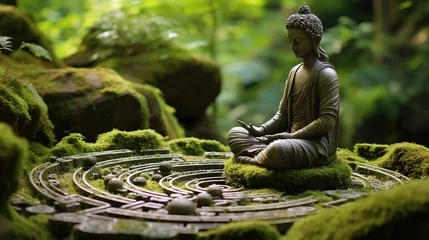 Rolgordijnen buddha statue on a rock in a blurred green nature, fresh natural spa wallpaper concept with asian spirit and copy space or zen garden © arhendrix