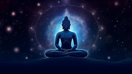 Fototapeta na wymiar Cosmic Buddha Chakra Meditation Message banner - lotus position seated buddha with the seven chakras. Background is night blue sky. Spiritual self - healing