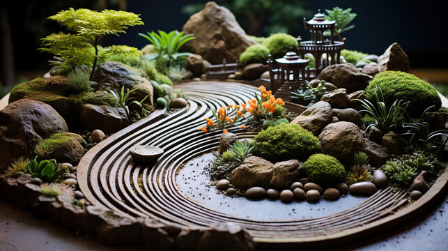 Beautiful green decorative japanese garden in summer time or zen bonsai garden