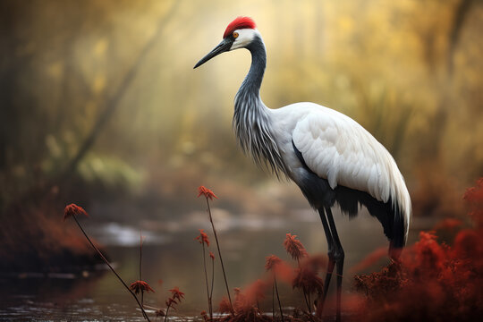Image of red crowned crane in the fertile forest. Bird. Nature. Illustration, Generative AI.