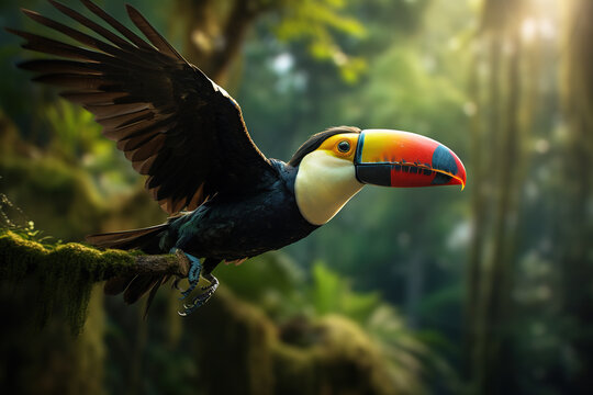 Image of toucan flying in the fertile forest. Bird. Nature. Illustration, Generative AI.