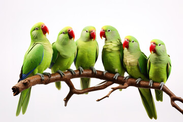 Image of group of alexandrine parakeet on a branch on a white background. Birds. Animals. Illustration, Generative AI.