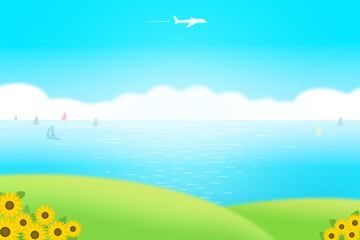 Fototapeta na wymiar 緑の丘の上に咲くひまわり、晴天の海に浮かぶ船と飛行機の背景イラスト