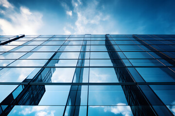 Fototapeta na wymiar Reflective skyscrapers, business office buildings. Low angle photography of glass curtain wall details of high-rise buildings.The window glass reflects the blue sky and white clouds.