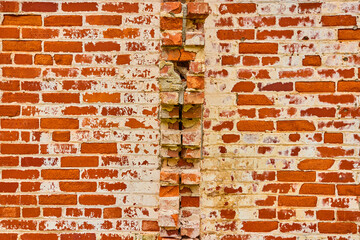 Background asset red bricks with white decay and busted ones poking out from middle of wall