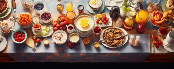 Fancy healthy breakfast spread on a big table, wide banner