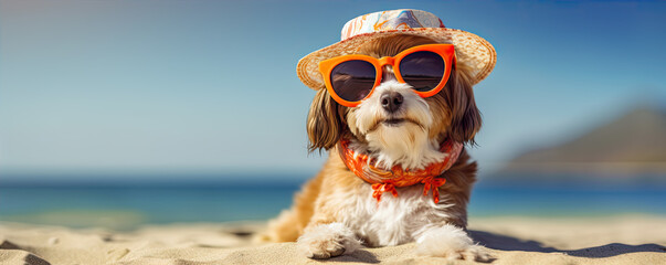 Cool dog with sunglasses and hat on the beach. copy space for text